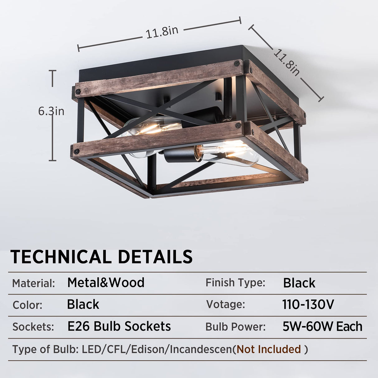 Flush Mount Light Fixture, 2-Light Rustic Ceiling Light Combine