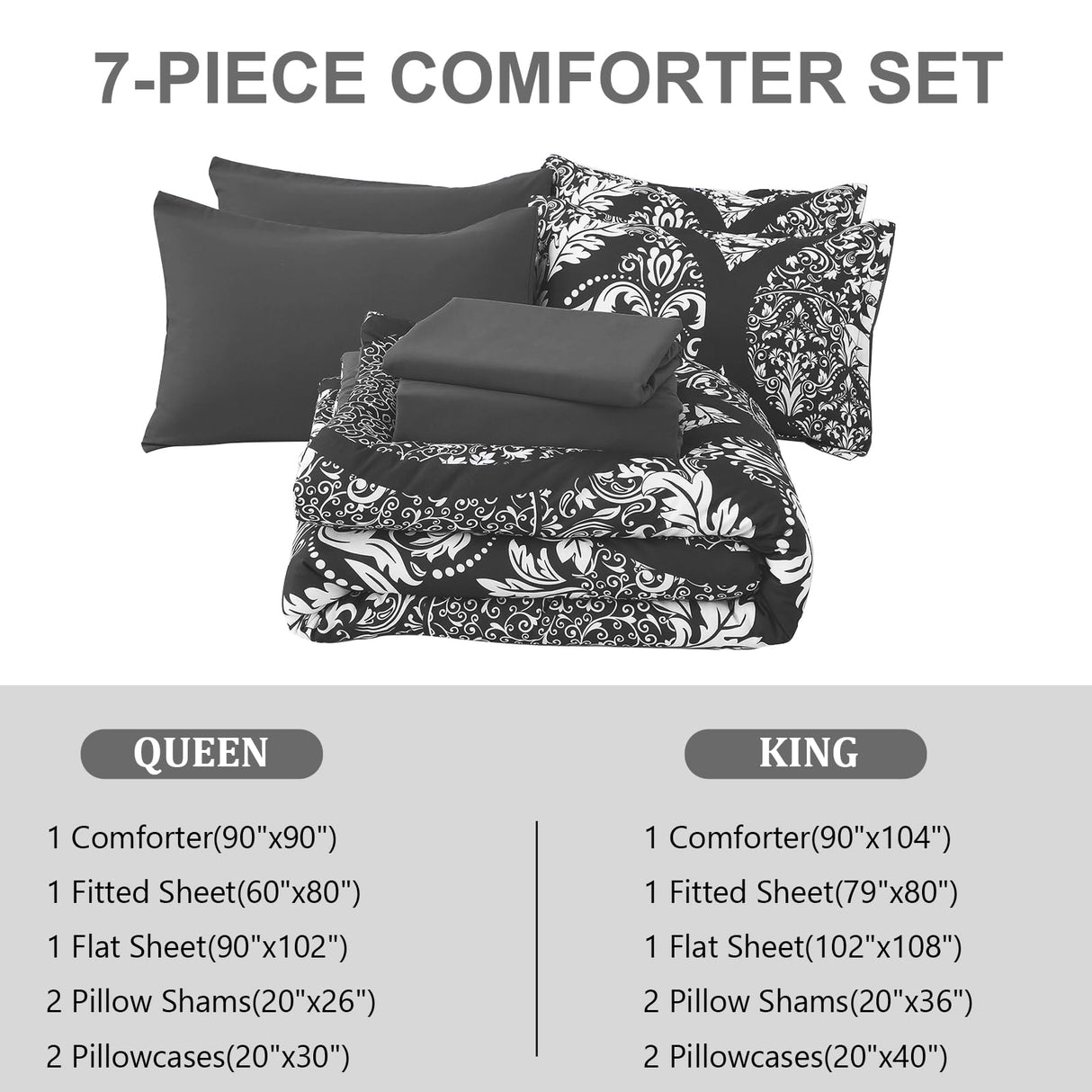 Grey Comforter Set Queen Size, 7 Pieces Bohemian Damask Comforter Set