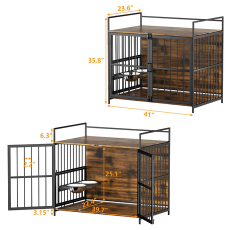 Furniture Style Large Dog Crate with 360° & Adjustable Raised Feeder for Dogs