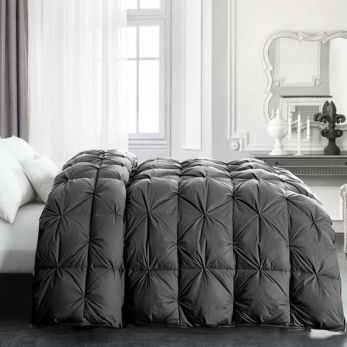 Oversized King Feather and Down Comforter, Grey Pinch Pleat Thick Duvet Insert