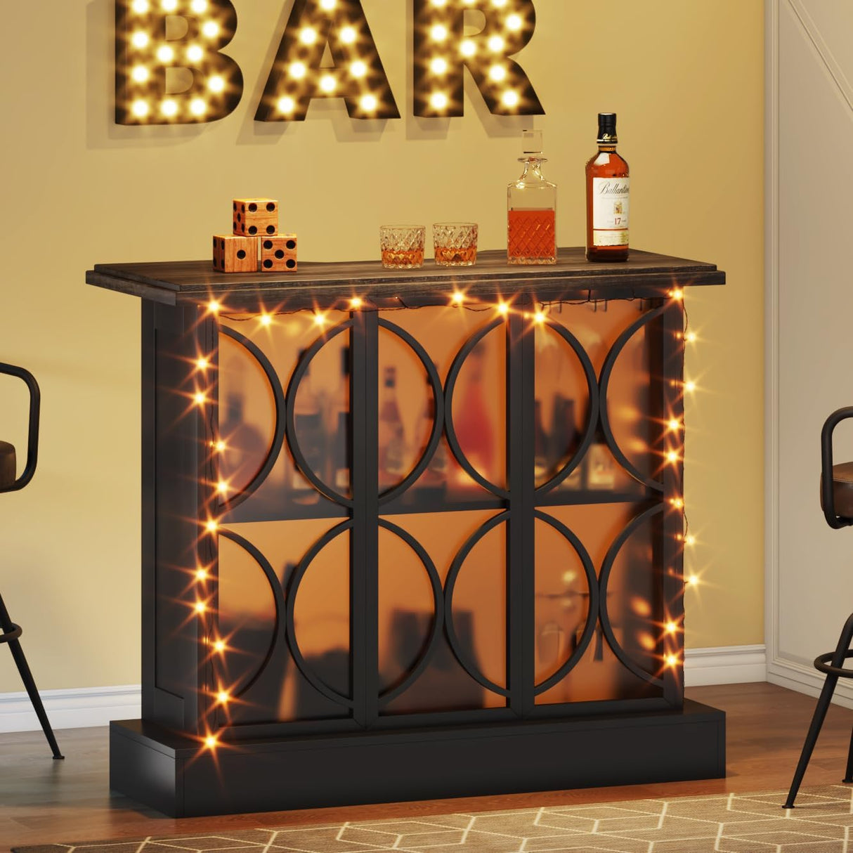 Home Bar Unit, Industrial Liquor Bar Table with Storage and Glasses Holder