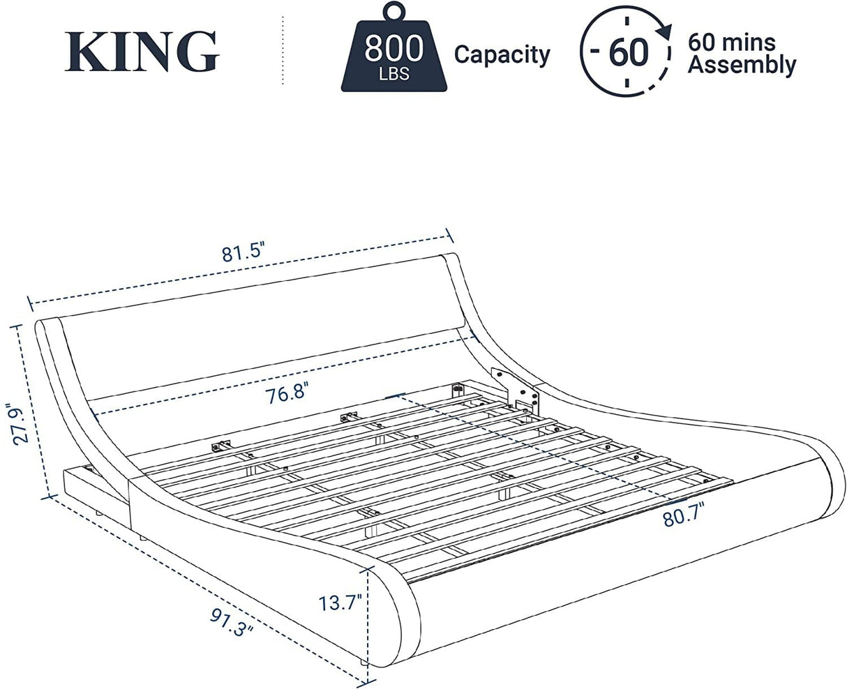 Upholstered King Size Platform Bed Frame Modern Low Profile Sleigh Bed with Faux Leather