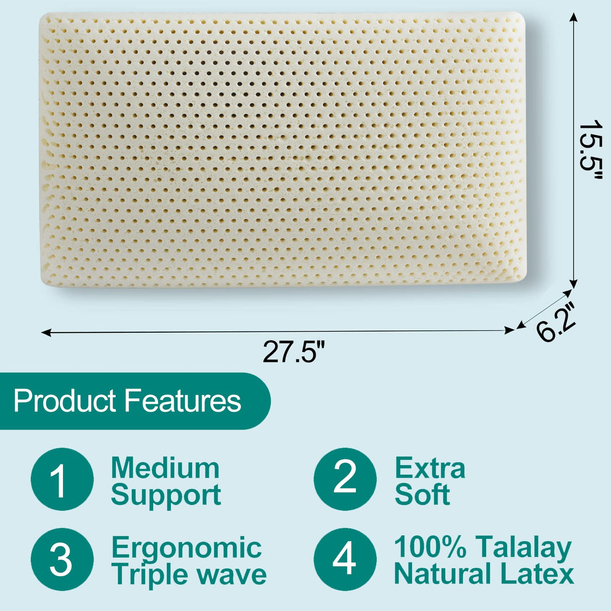 100% Talalay Latex Pillow Bed Pillow for Sleeping, Extra Soft