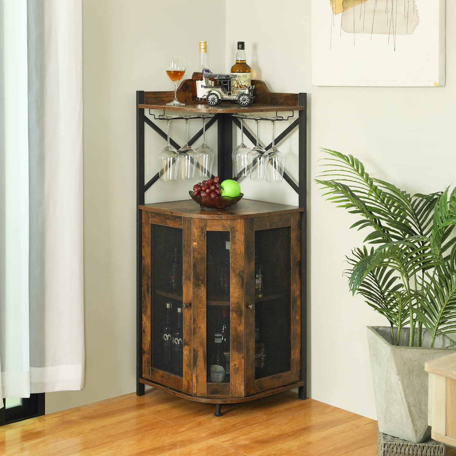 Corner Bar Cabinet with Glass Holder, Wine Cabinet with Mesh Door