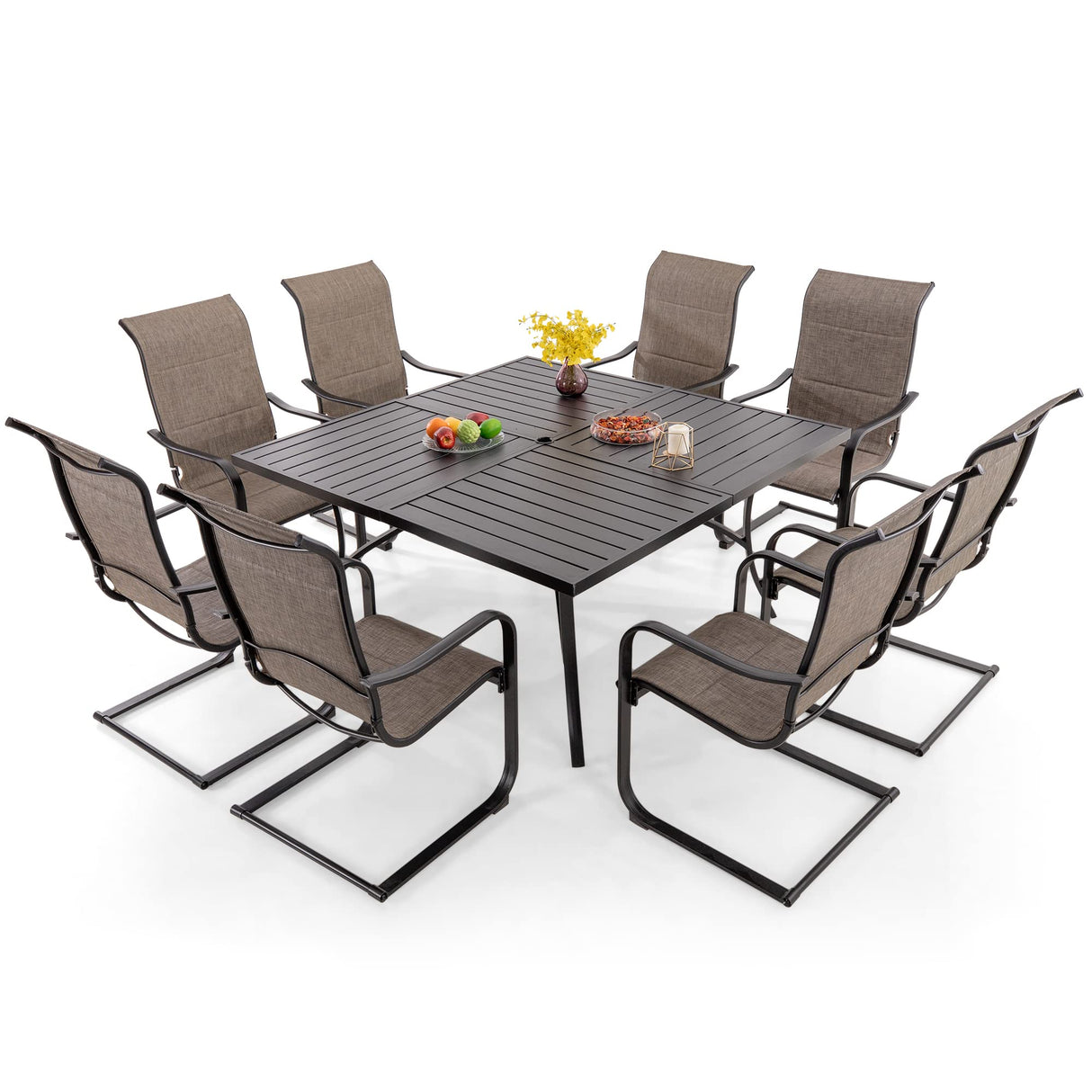 9 pcs Patio Dining Set, Large Square Table with Umbrella Dining Chairs