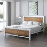 Queen Platform Bed Frame with Wooden Headboard and Footboard, Metal Bed Frame