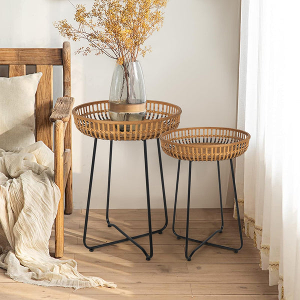 Rattan Side Table Nesting Tables Set of 2, Bamboo Round Table Coffee Table Metal Base End Table
