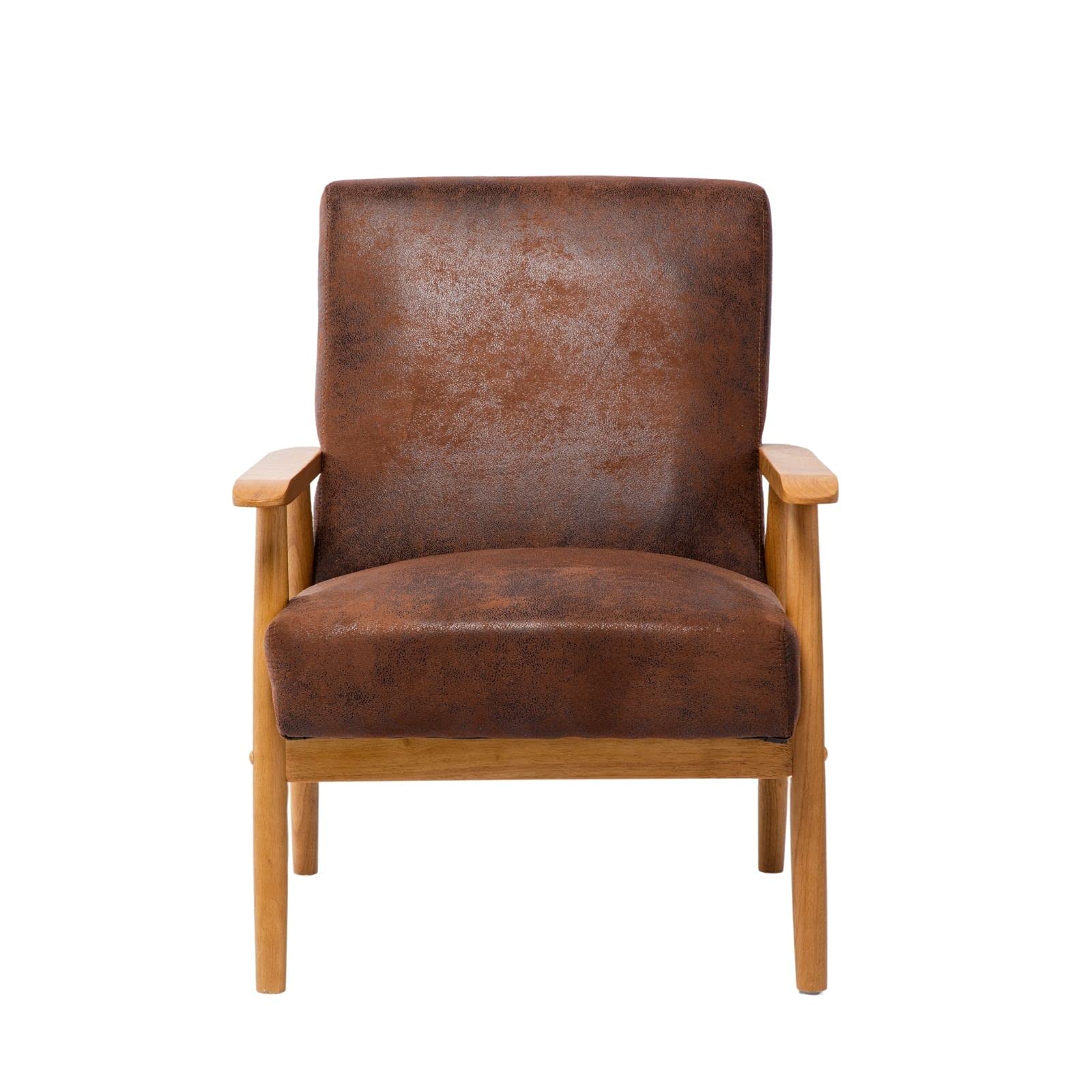 Retro Accent Chair Wood Frame Arm Chair Faux Leather Modern Lounge Chair