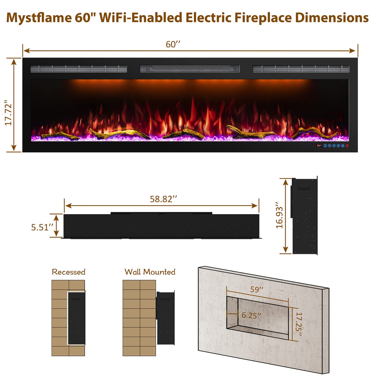 WiFi-Enabled Electric Fireplace Recessed & Wall Mounted