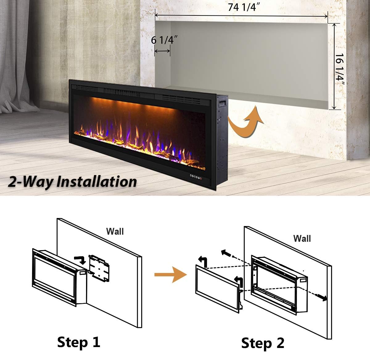 Electric Fireplace 74 Inches Fireplace Recessed