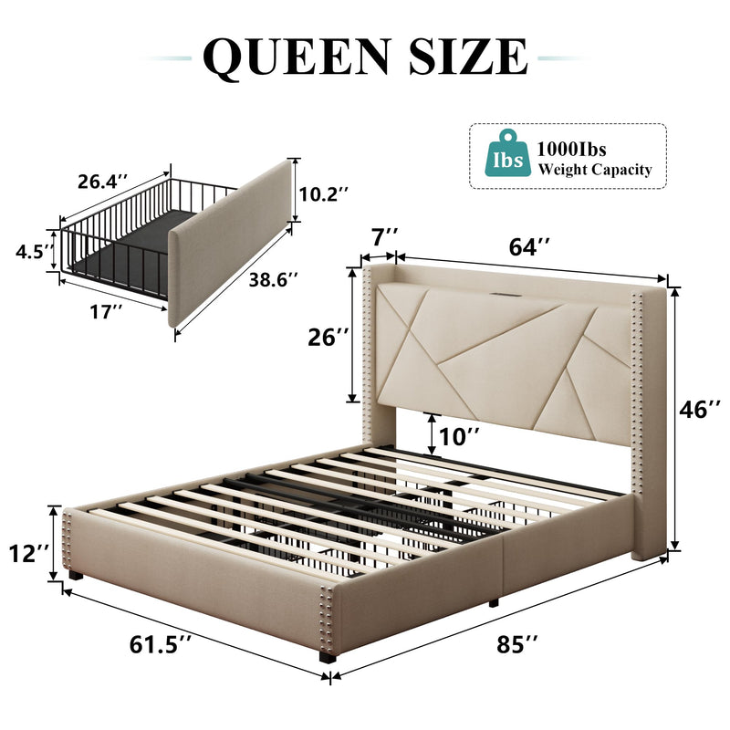 Queen Storage Bed Frame with Type-C & USB Ports and 4 Drawers, Minimalist Geometric