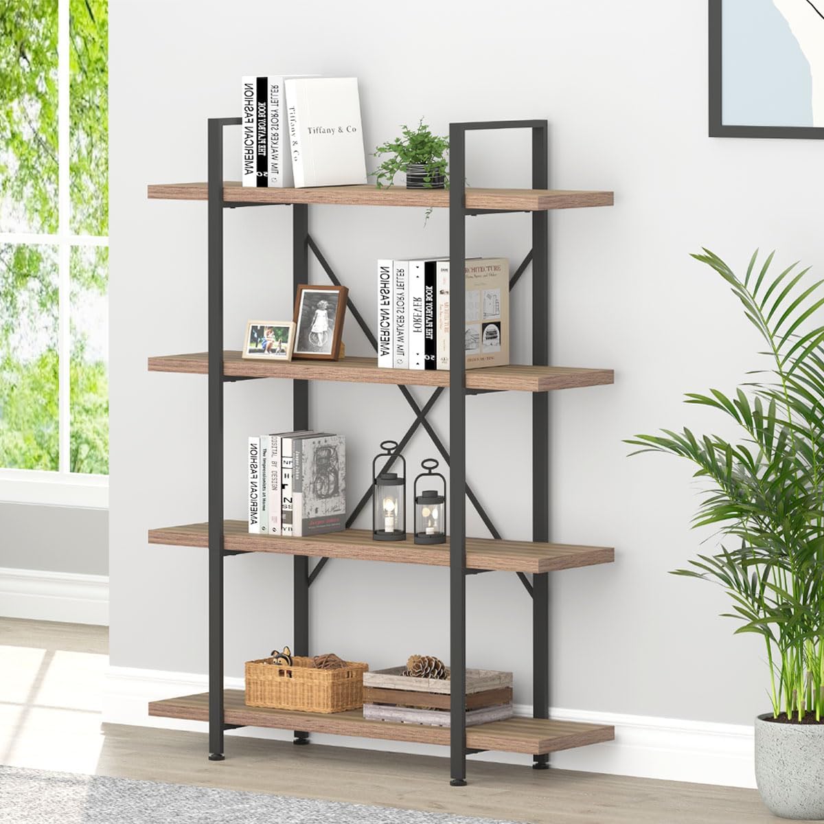 Industrial 4 Tier Bookshelf, Modern Metal and Wood