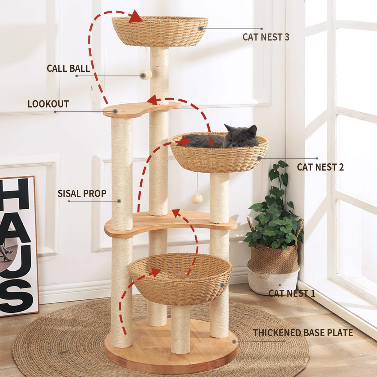 54" Modern Cat Tree Tower for Indoor Cats, Solid Oak Cat Scratching Tree