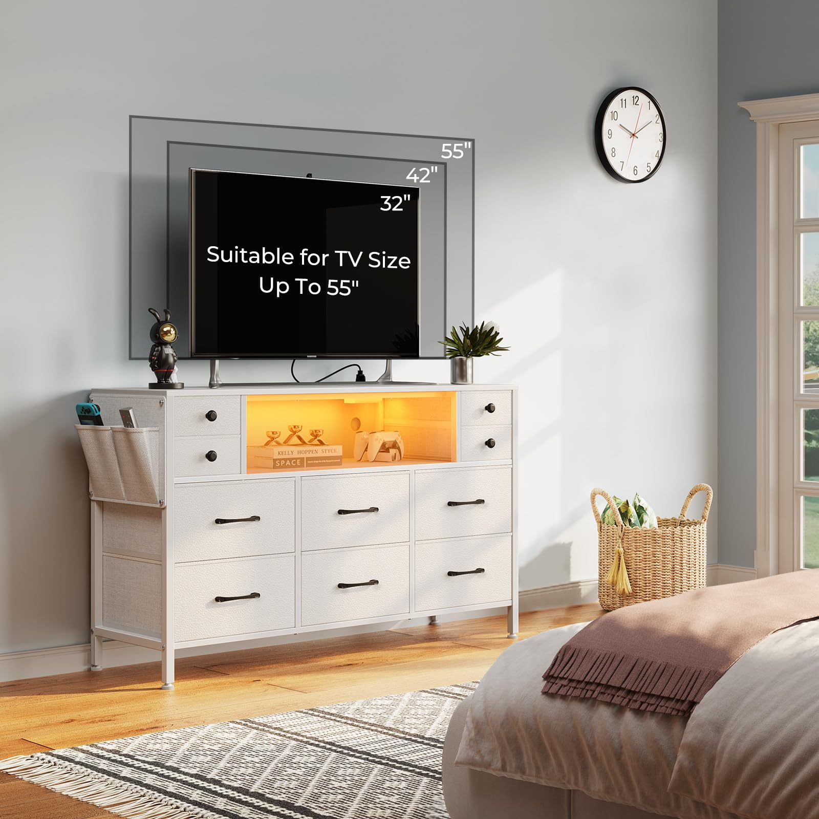 Dresser with Power Outlets and LED Lights, 10 Drawers Dresser
