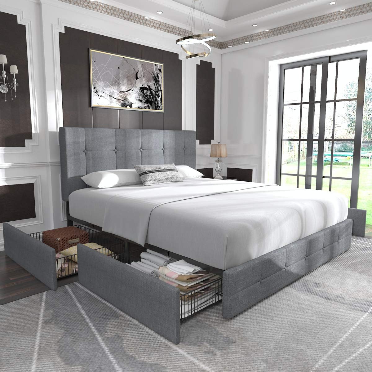 Upholstered Full Size Platform Bed Frame with 4 Storage