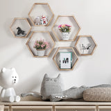 Hexagonal Floating Shelves Wall Mounted Set of 6 Wood Farmhouse Storage Honeycomb