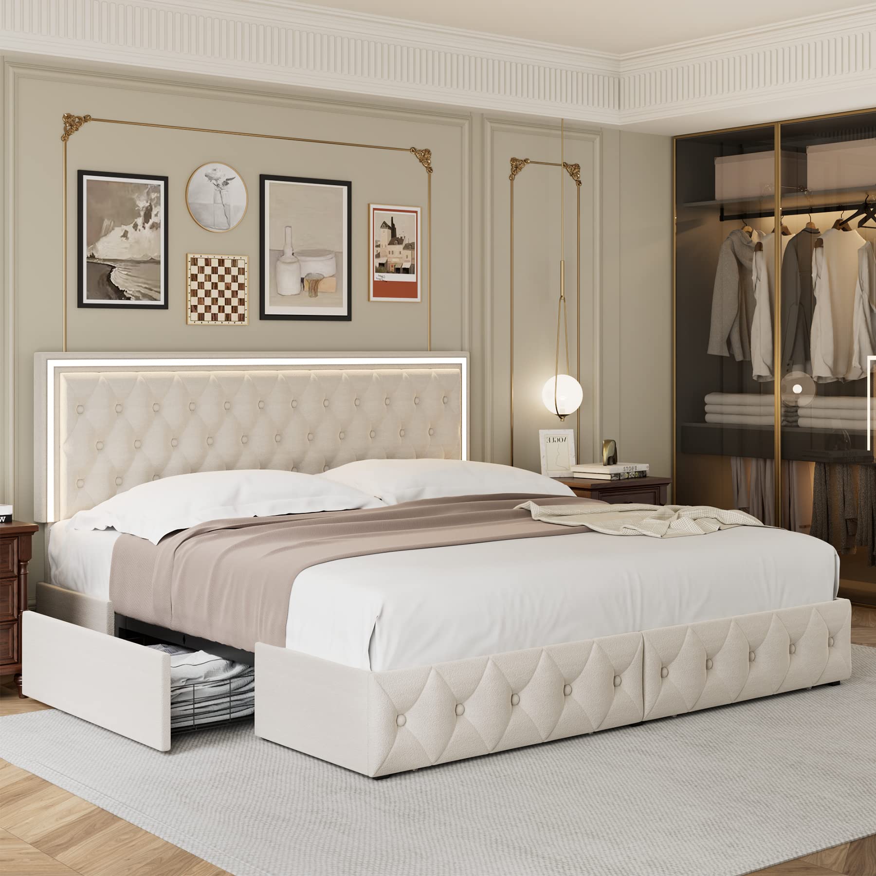 Queen Upholstered LED Bed Frame with 4 Drawers, Velvet Platform Storage Bed