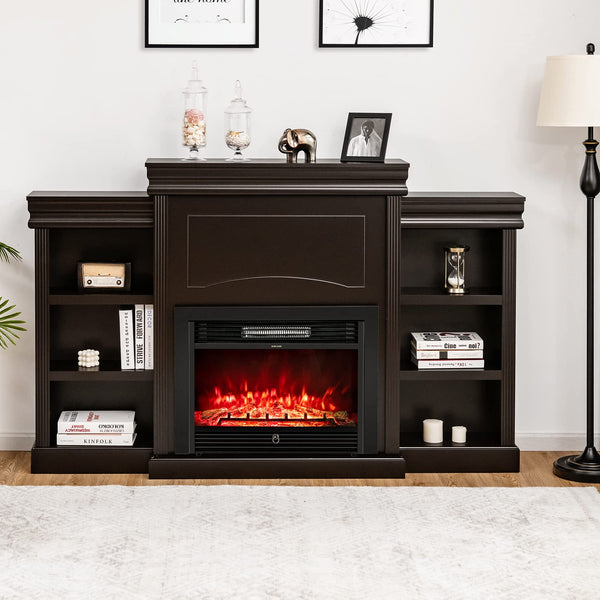 750W/1500W Electric Fireplace w/Mantel & Built-in Bookshelves