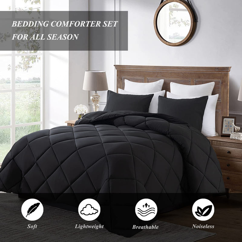 Black Queen Comforter Set with 2 Pillow Shams - 3 Pieces Bed Comforter Set