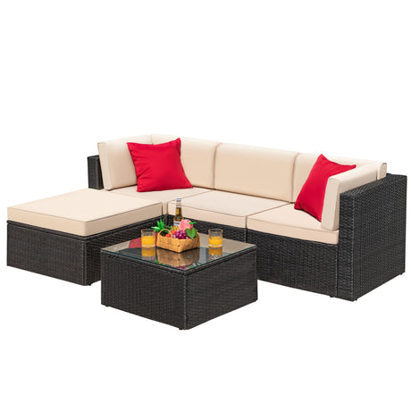 5 Piece Patio Conversation Set Wicker Rattan Furniture Outdoor Sofa with Cushions