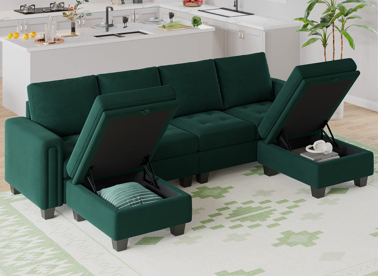 Velvet U Shaped Sectional Sofa Couch with Storage Ottoman Sectional Sofa