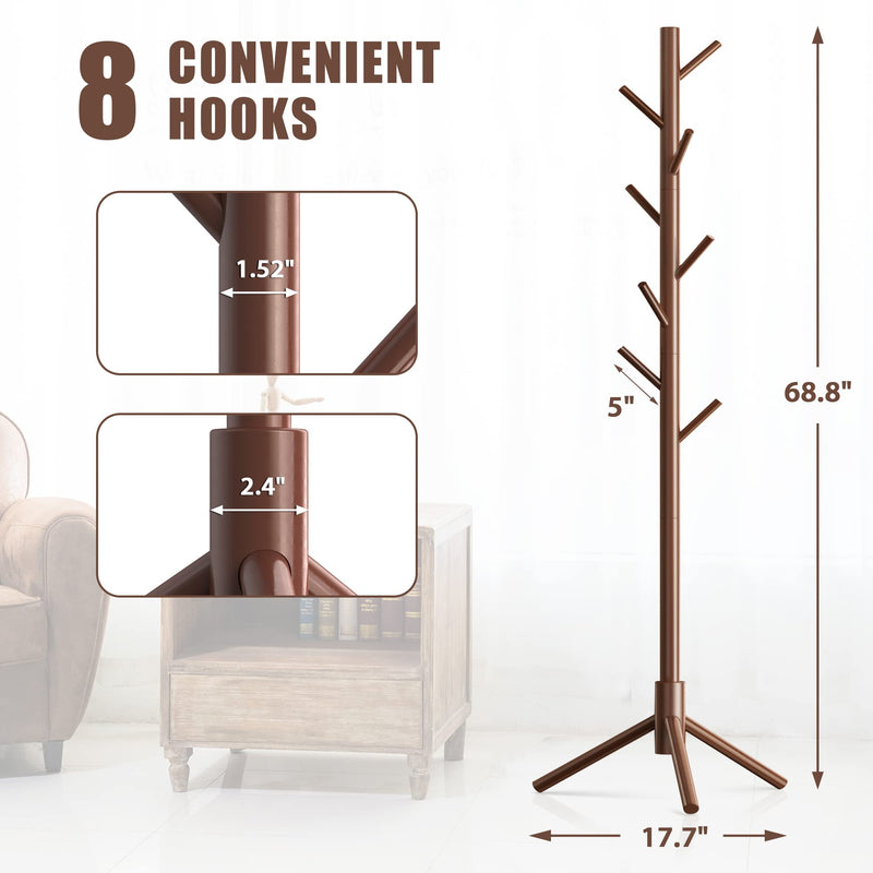 Wooden Coat Rack Stand with 8 Hooks New Zealand Pine Adjustable Coat Standing Tree
