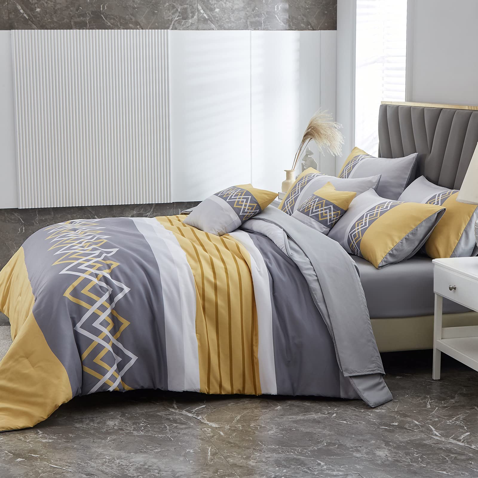 Patchwork Stripe Comforter Set Queen Size,6 Pieces Bed in A Bag,Grey and Yellow Patchwork Striped Comforter and Sheet Set,