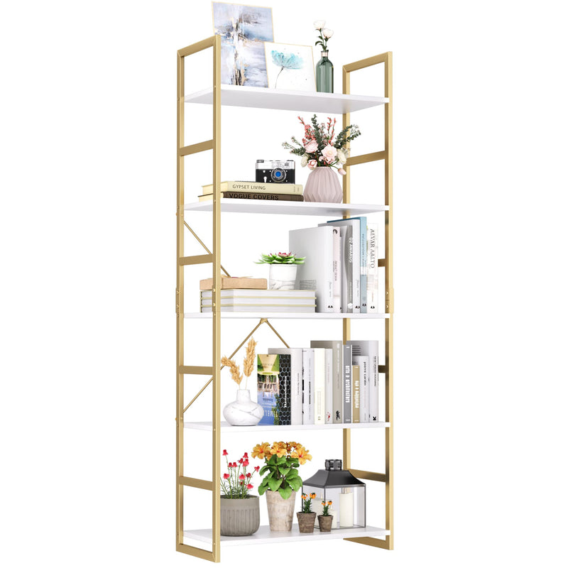 5 Tier Bookshelf, Industrial Gold Bookcase with Metal Frame, Modern Display Shelves