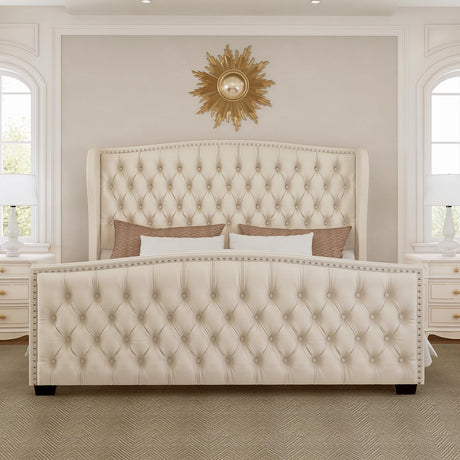 Queen Platform Bed Frame with Wingback Headboard, Velvet Upholstered Bed Frame