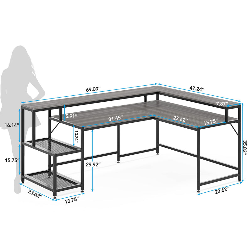 69 Inch L Shaped Desk with Monitor Stand, Large Reversible Corner Desk with Storage Shelf