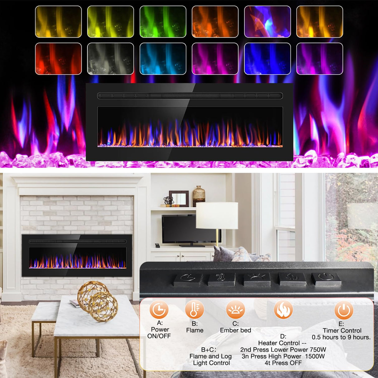 Electric Fireplace 60" Upgrade Fireplace Heater Recessed & Wall Mounted