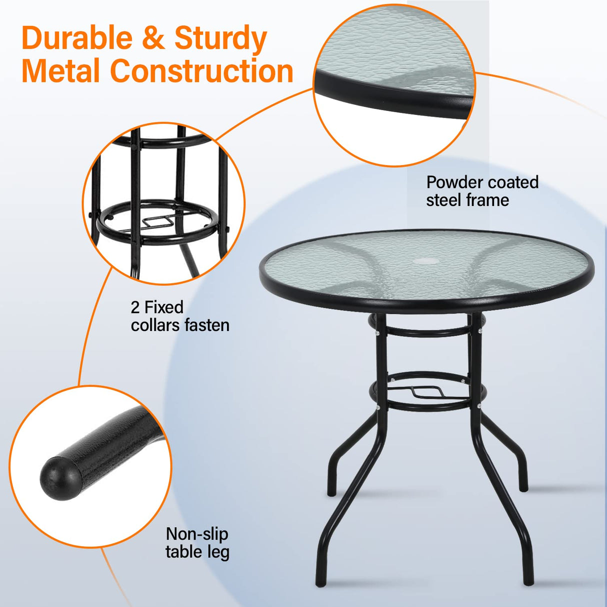 Outdoor Table Patio Table Dining Table with Tempered Glass Umbrella Hole