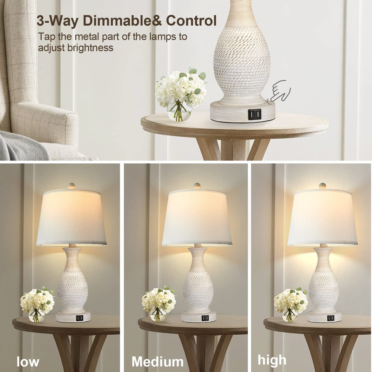 Table Lamps Set of 2, Bedside Touch Lamp with Dual USB Charging Ports