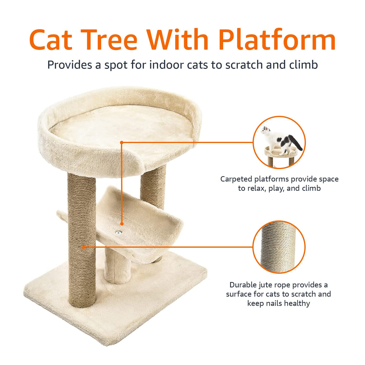 Top Platform Cat Tree With Scratching Post - 18 x 14 x 22 Inches, Beige