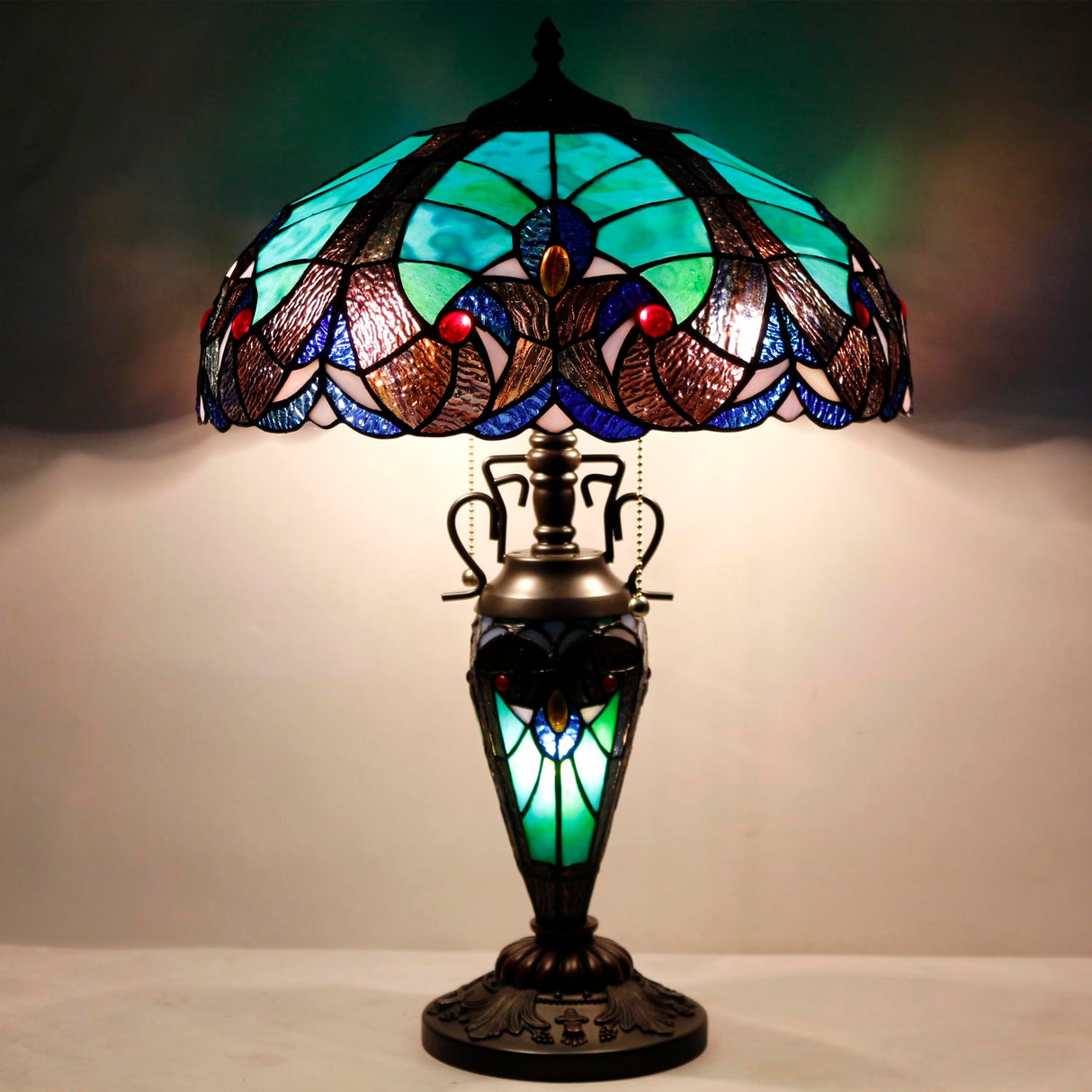 Tiffany Style Table Lamp Green Stained Glass Liaison Mother