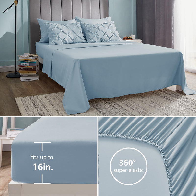 Queen Comforter Set - 7 Pieces Comforters Queen Size Light Blue, Pintuck Bed