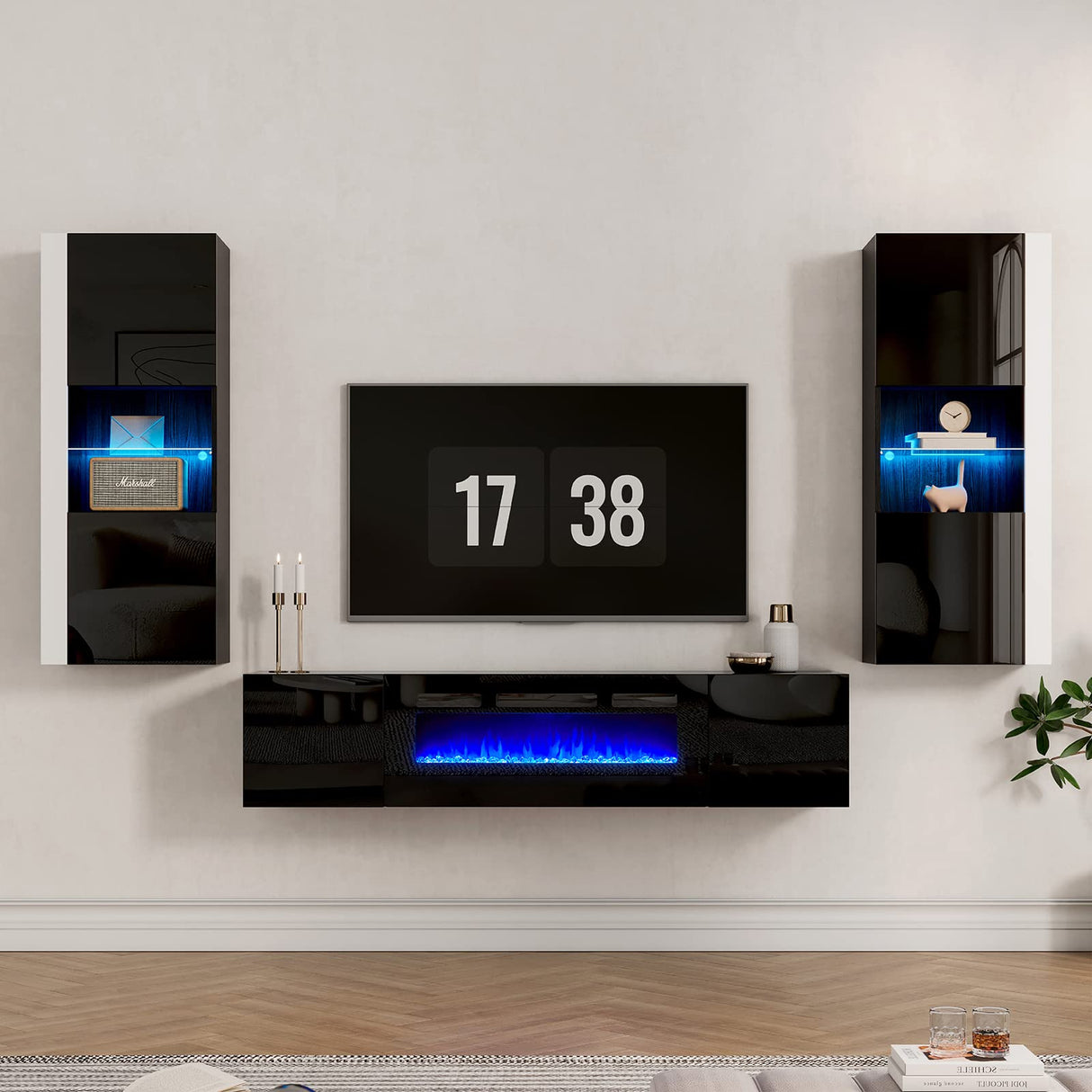 Floating TV Stand with 36" Electric Fireplace, High Gloss Finish Wall