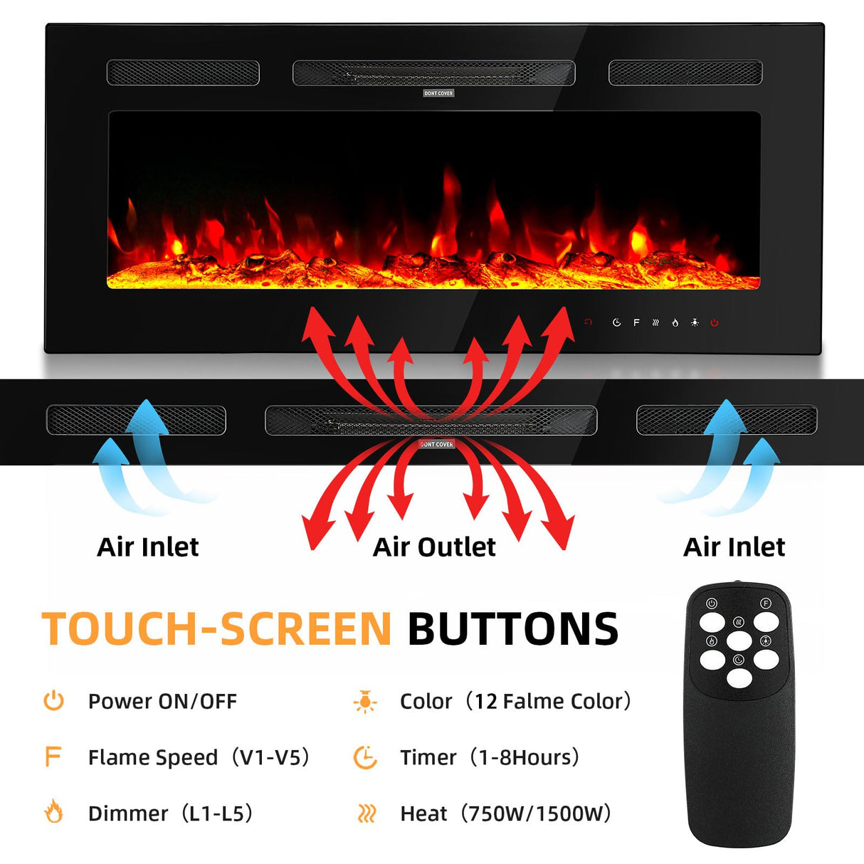 50 Inch Electric Fireplace Inserts Wall Mounted Recessed Fireplace