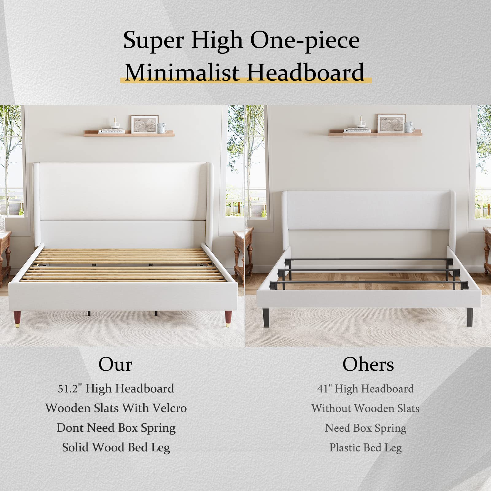 King Bed Frame Upholstered Bed with Wingback Headboard Platform Bed King Size