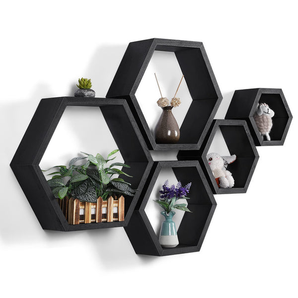Hexagonal Floating Shelves Wall Mounted, Set of 5 Wood Farmhouse Storage