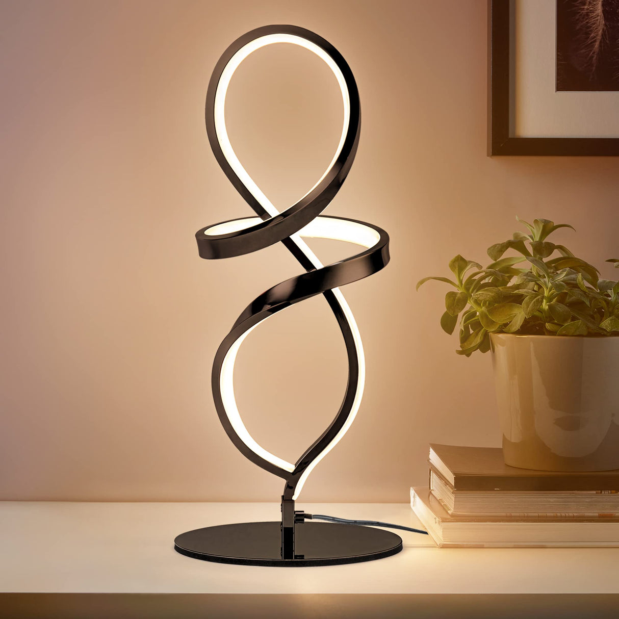 Modern Table Lamp, LED Spiral Lamp, Black Bedside Lamp with Stepless Dimming Switch