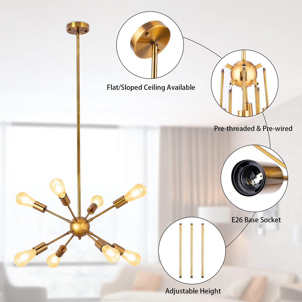 Chandeliers Gold, 8 Lights Modern Lighting Fixture