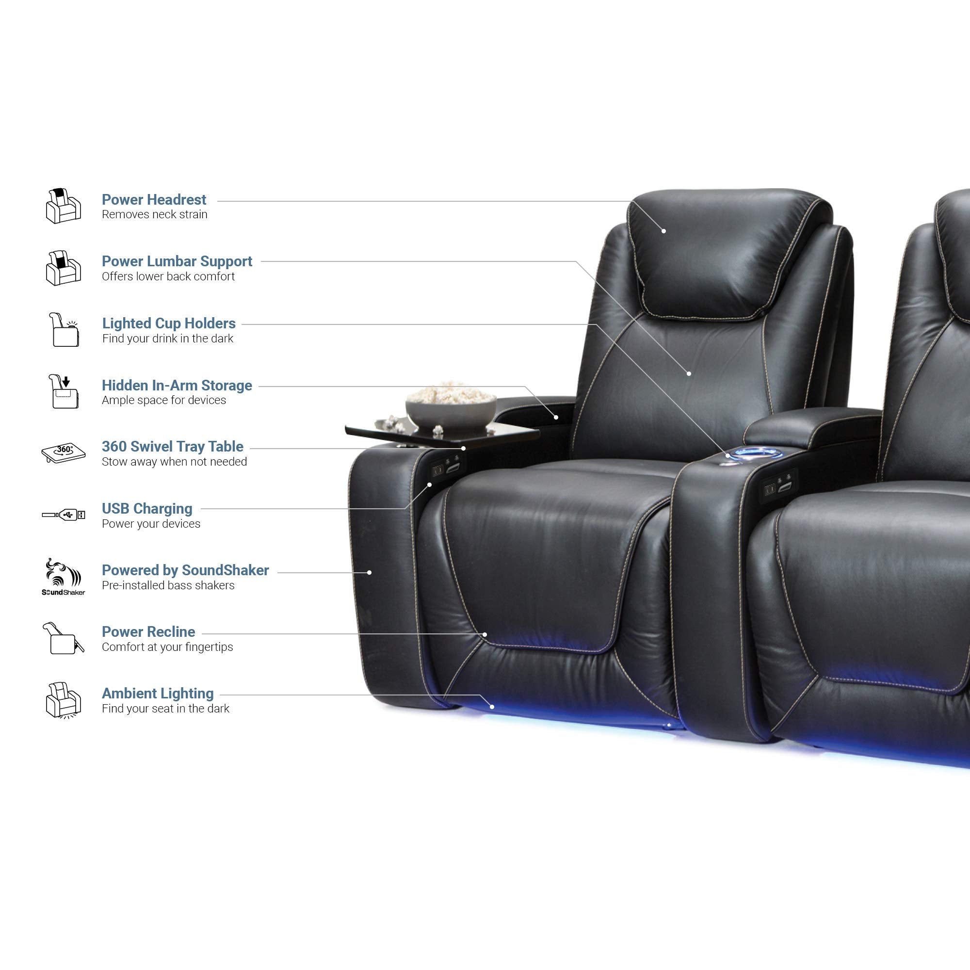 Home Theater Seating - Top Grain Leather - Power Recline - Powered Headrest