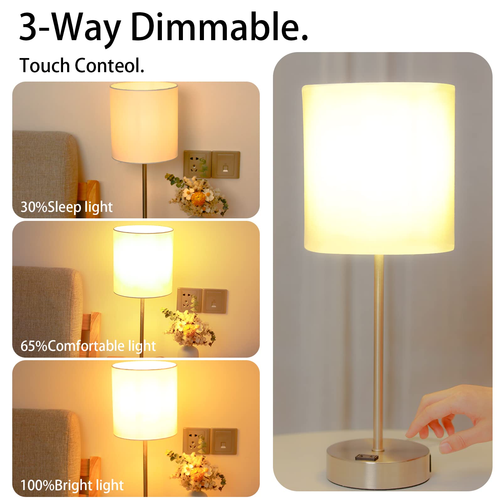Bedside Lamps Set 2, 3 Way Full Dimming lamp with USB Ports