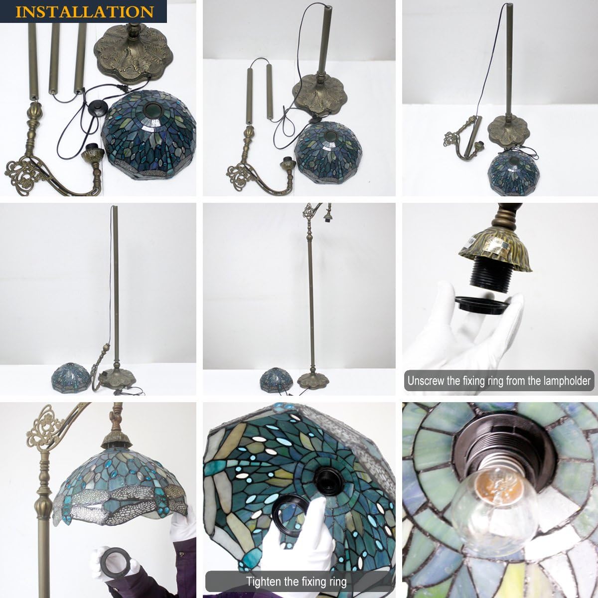 Tiffany Floor Lamp Sea Blue Stained Glass Dragonfly