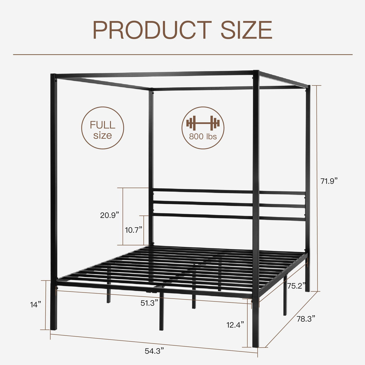 Full Size Metal Canopy Bed Frame, Modern Four-Poster Platform Bed Frame