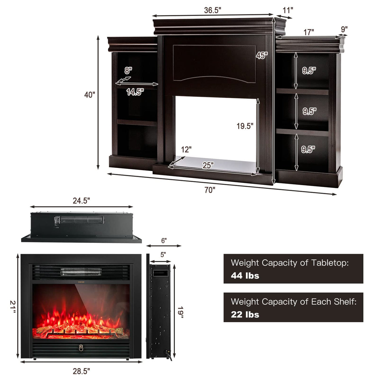 750W/1500W Electric Fireplace w/Mantel & Built-in Bookshelves