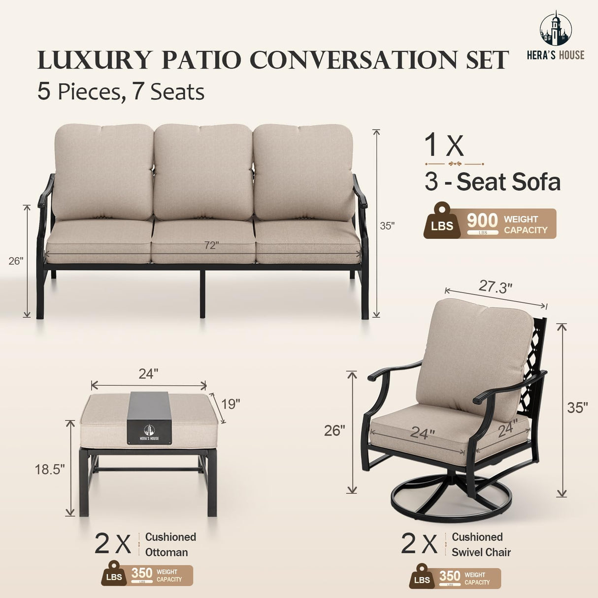 5 Piece Patio Furniture Set, 2 x Swivel Chair, 2 x Ottoman, 1 x 3-Seat Sofa