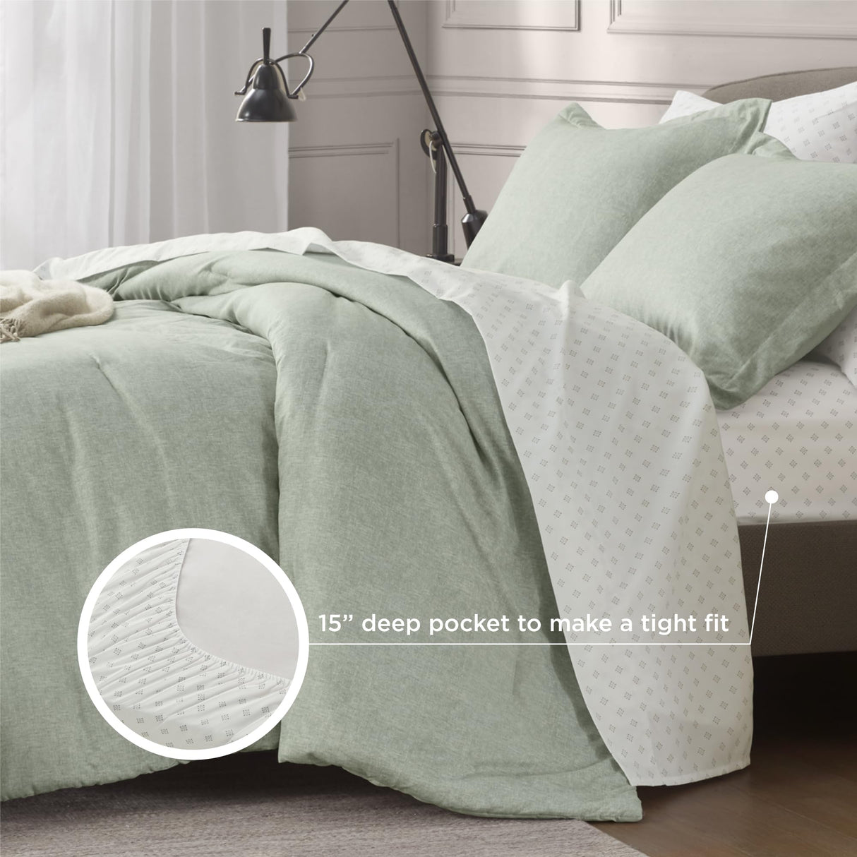 7 Pieces Bed in a Bag, Sage Green Comforter Set with Sheets, Queen Size