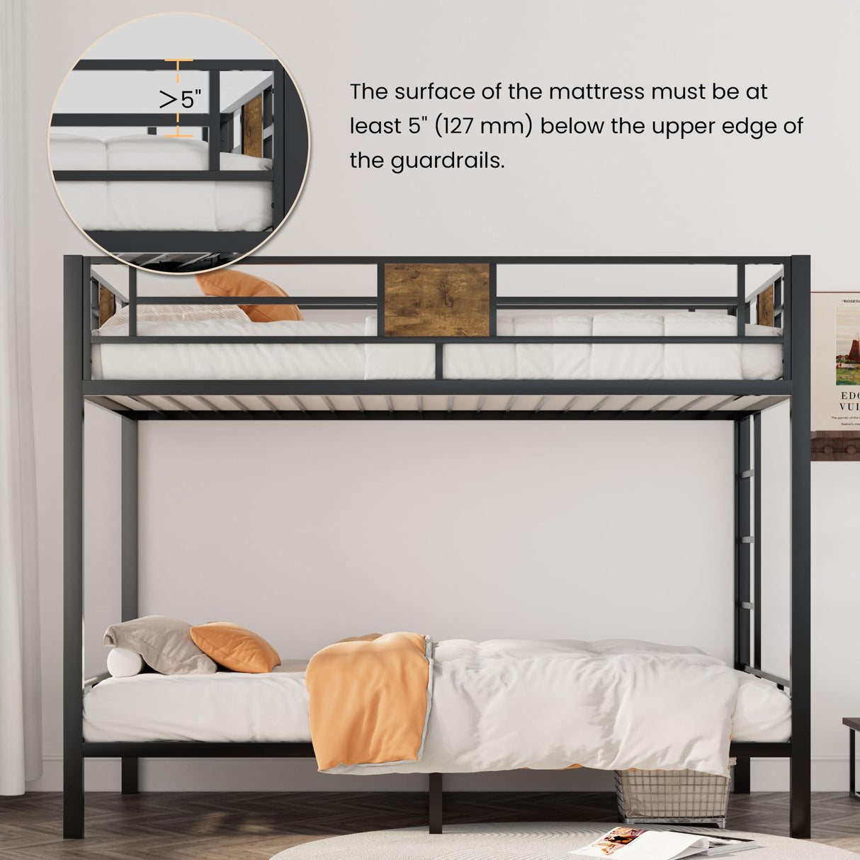 Bunk Bed Twin Over Twin Size with Ladder and Full-Length Guardrail, Metal